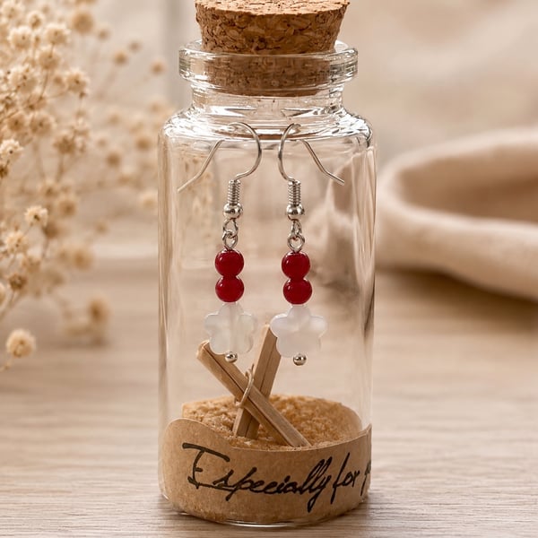  Red Coral & Mother of Pearl Earrings in a Message Bottle.