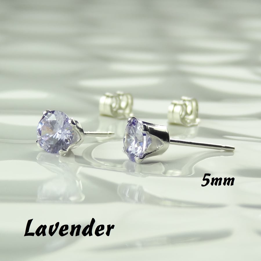 Cubic Zirconia stud earrings, sterling silver or 14k gold filled, lavender, 5mm
