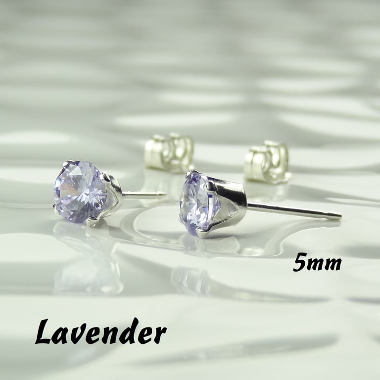 Cubic Zirconia stud earrings, sterling silver or 14k gold filled, lavender, 5mm
