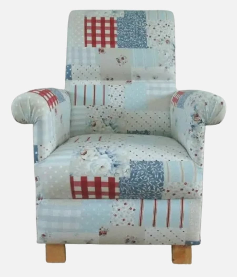 Fryetts Vintage Patchwork Blue Fabric Adult Armchair Red Gingham Stripes Flowers