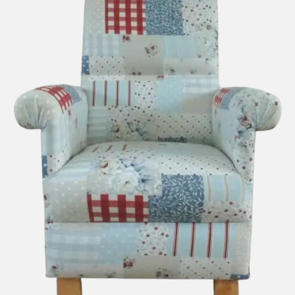 Fryetts Vintage Patchwork Blue Fabric Adult Armchair Red Gingham Stripes Flowers