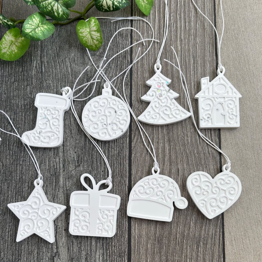 White Ceramic Style Christmas Tree Ornaments Set of 8 - Festive Decor