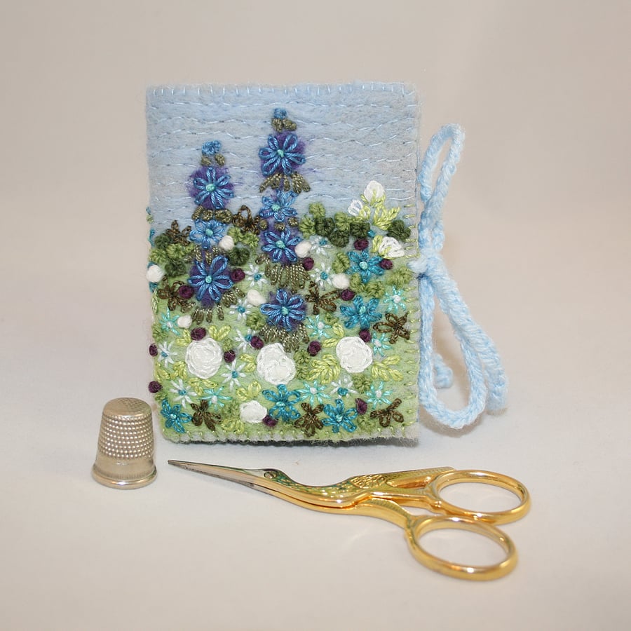 Blue Flower Garden Needle book - hand embroidered