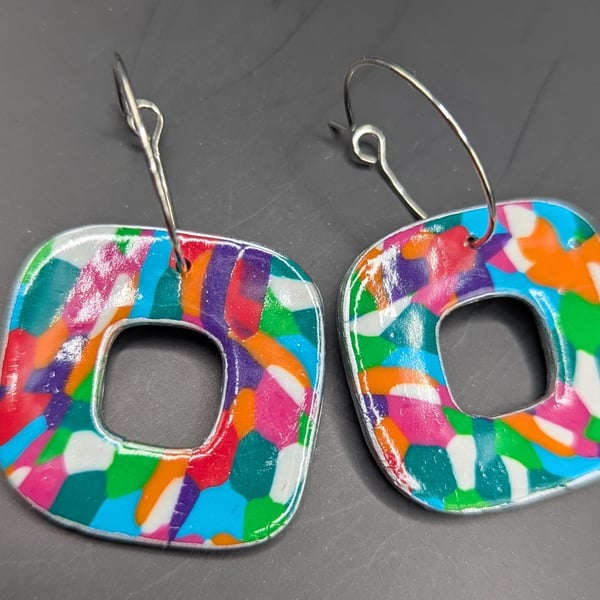 Vibrant multi coloured polymer clay square dangle earrings 