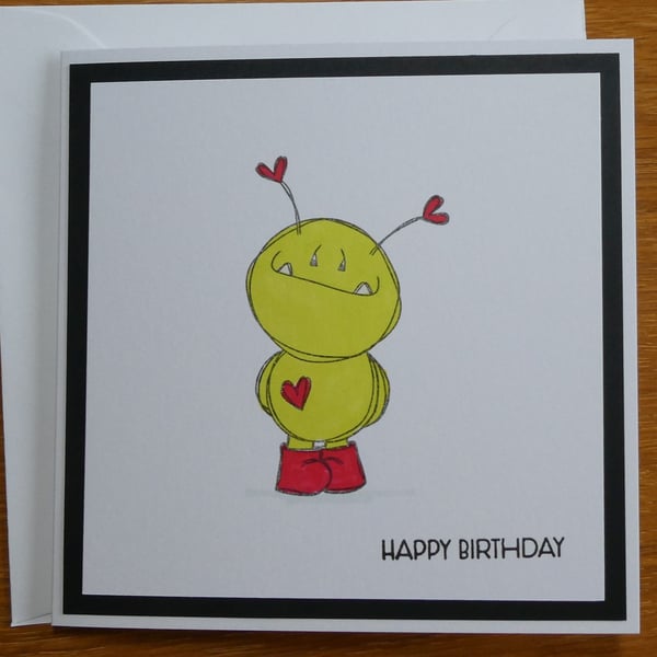 Childs Birthday Card - Alien with Hearts