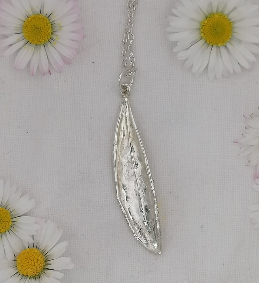 Real olive leaf preserved in silver pendant necklace