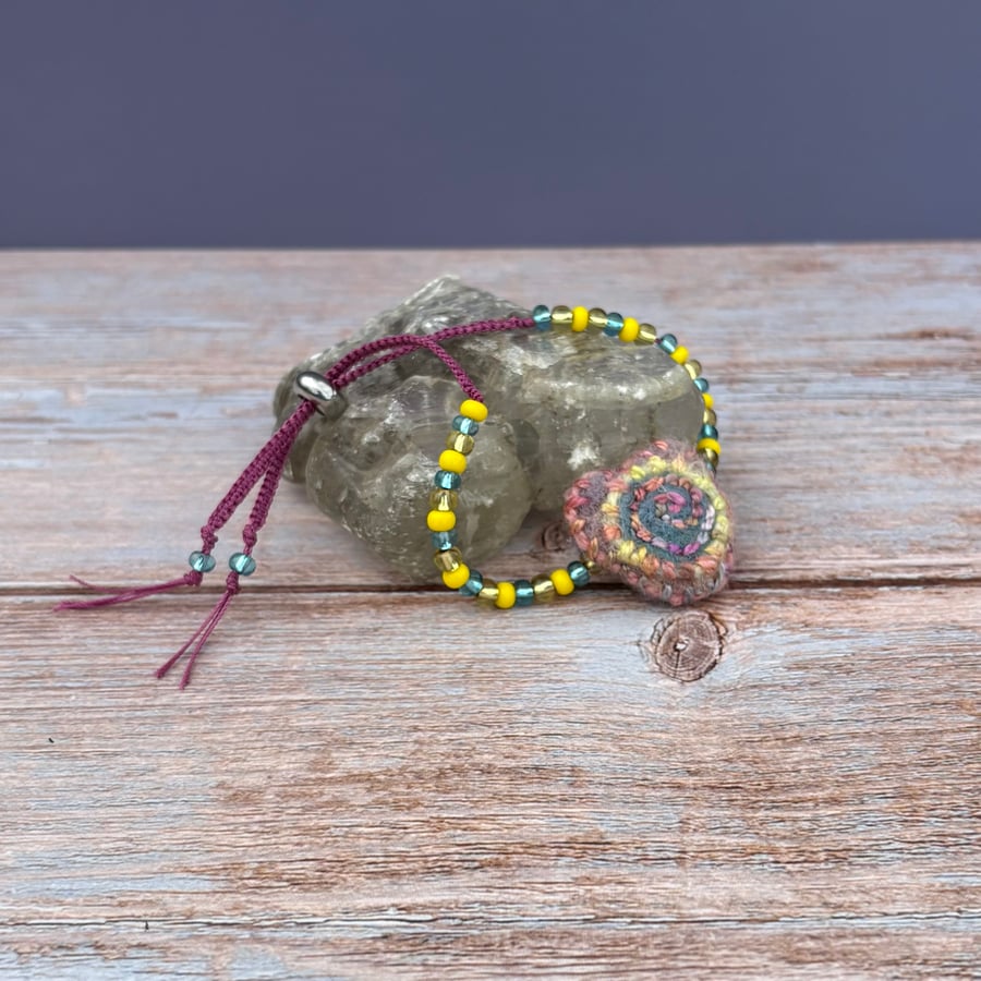 Bead and Felted Charm BoHo style Bracelet - Teal Heart