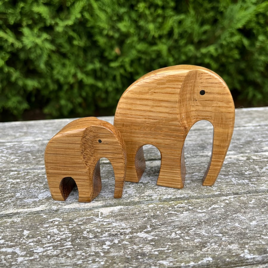 Handcrafted Oak Wood Pair of Elephants Mother & Her Calf. 