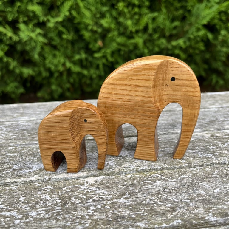 Handcrafted Oak Wood Pair of Elephants Mother & Her Calf. 