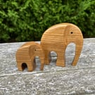Handcrafted Oak Wood Pair of Elephants Mother & Her Calf. 