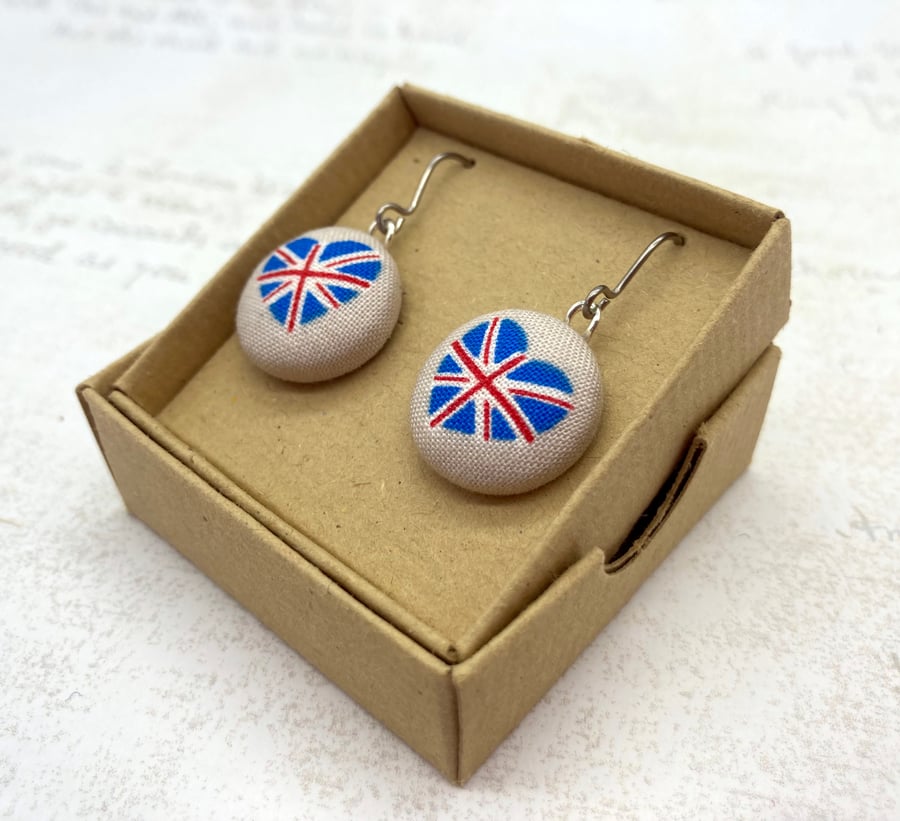 Union Jack heart shaped flag fabric button dangle earrings
