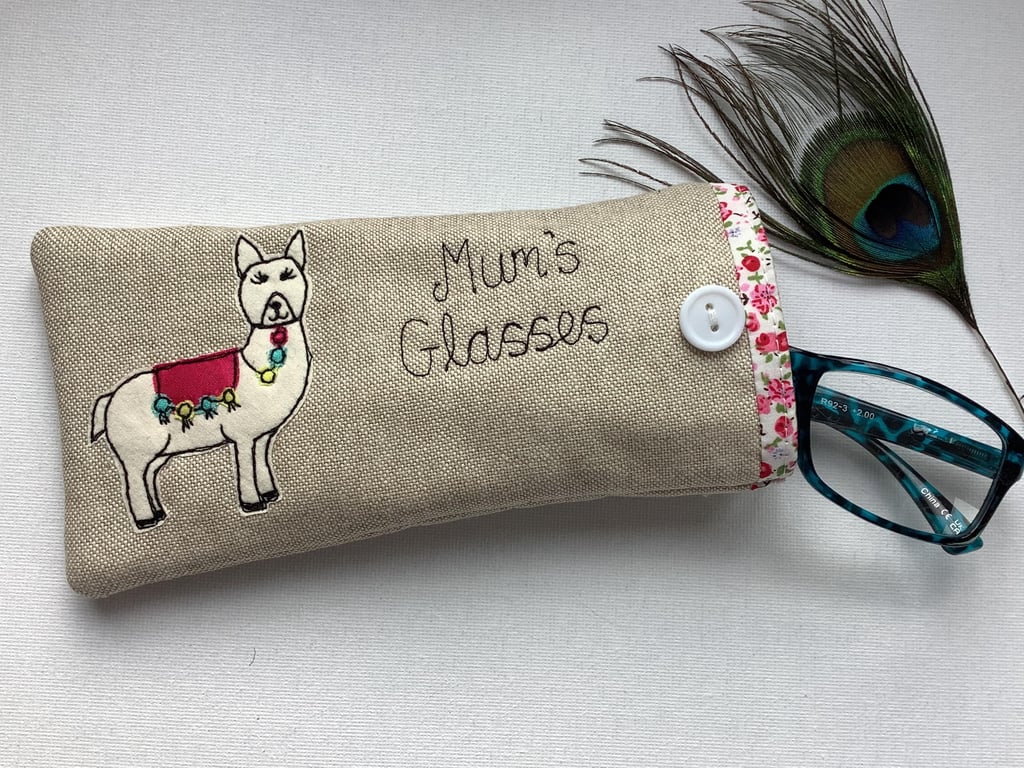 Customisable Alpaca Llama Glasses Sunglasses Case - Personalised Gift on linen