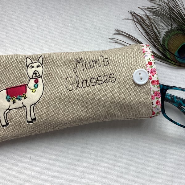 Customisable Alpaca Llama Glasses Sunglasses Case - Personalised Gift on linen