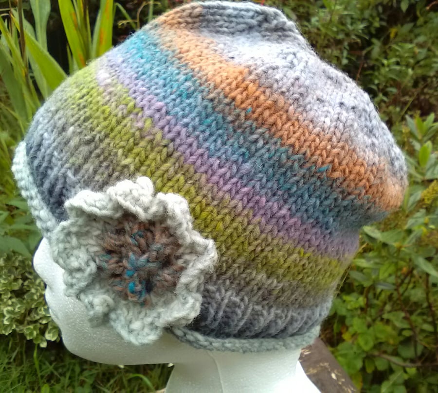 Handknit Noro single flowered Hat 100% Wool Grey with Pastels