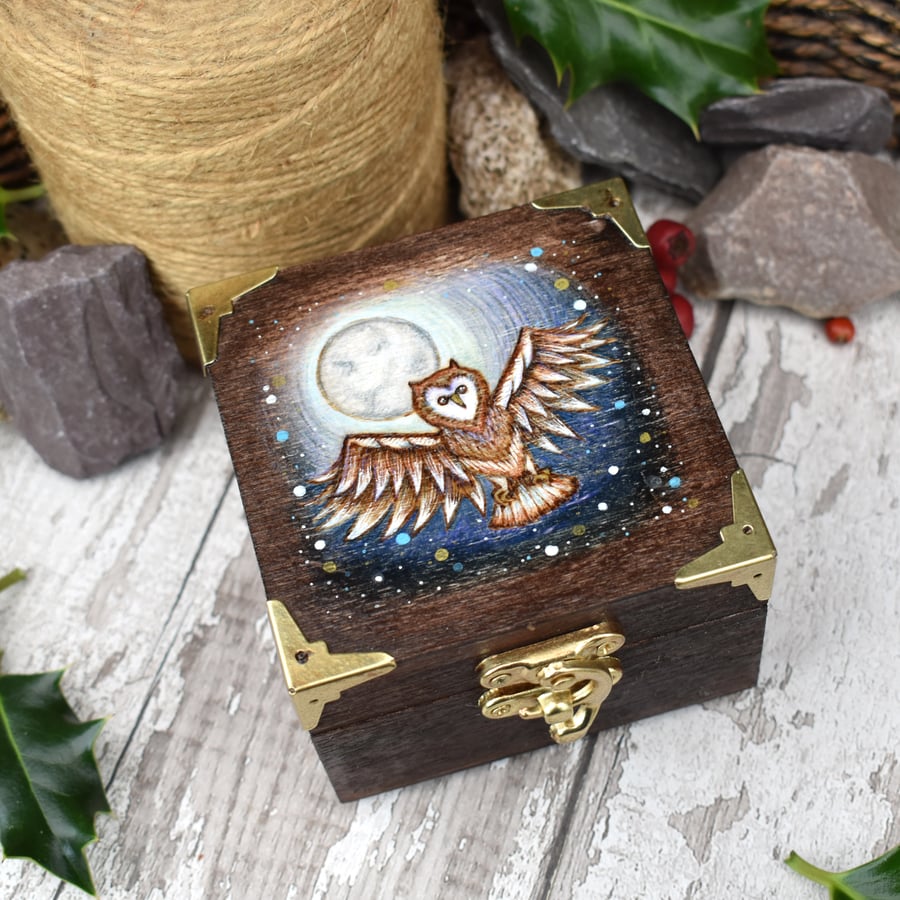 Rustic Owl in flight pyrography wooden box, jewellery box, treasure keeper.