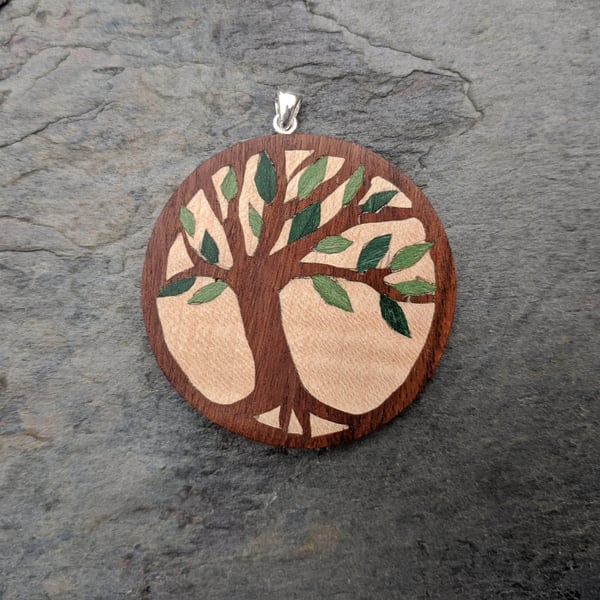 Tree Of Life Wood Marquetry Pendant
