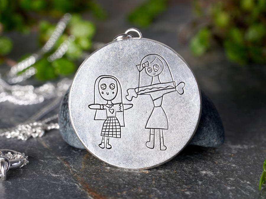 Solid Silver Necklace with Hand Engraved Children's Drawing