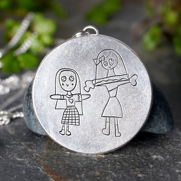 Solid Silver Necklace with Hand Engraved Children's Drawing
