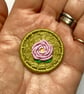 Pink Rose Dorset Button Brooch or Pin, 3.4cm, Pink Flower, Cotton, Brass Ring  - Image 3