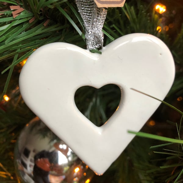 White heart hanging decorations with cut out heart - large