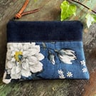 Vintage Sanderson Linen and reclaimed denim zip pouch soft blue floral