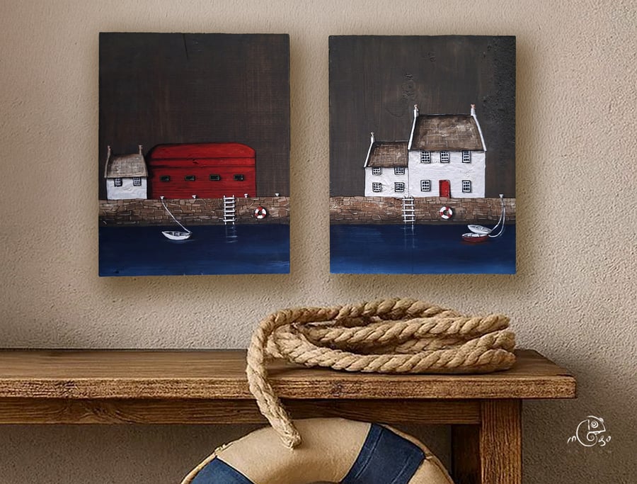 Harbour original painting on wood - diptych