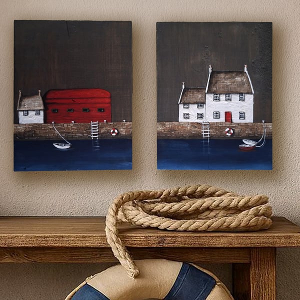 Harbour original painting on wood - diptych