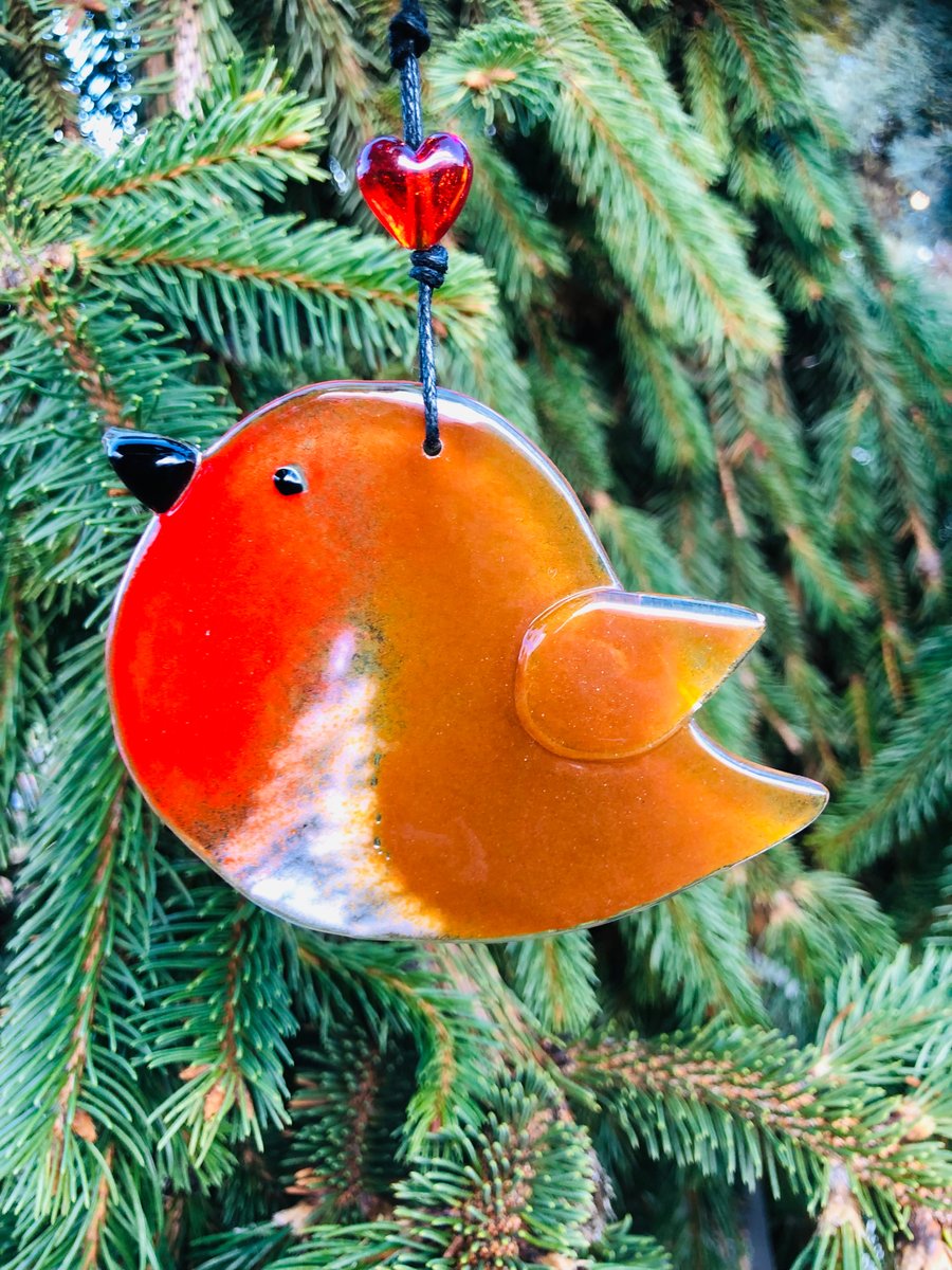 Fused glass hanging robin decoration or garden sun catcher with love heart 