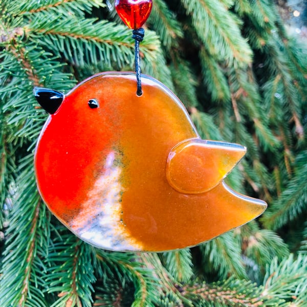 Fused glass hanging robin decoration or garden sun catcher with love heart 