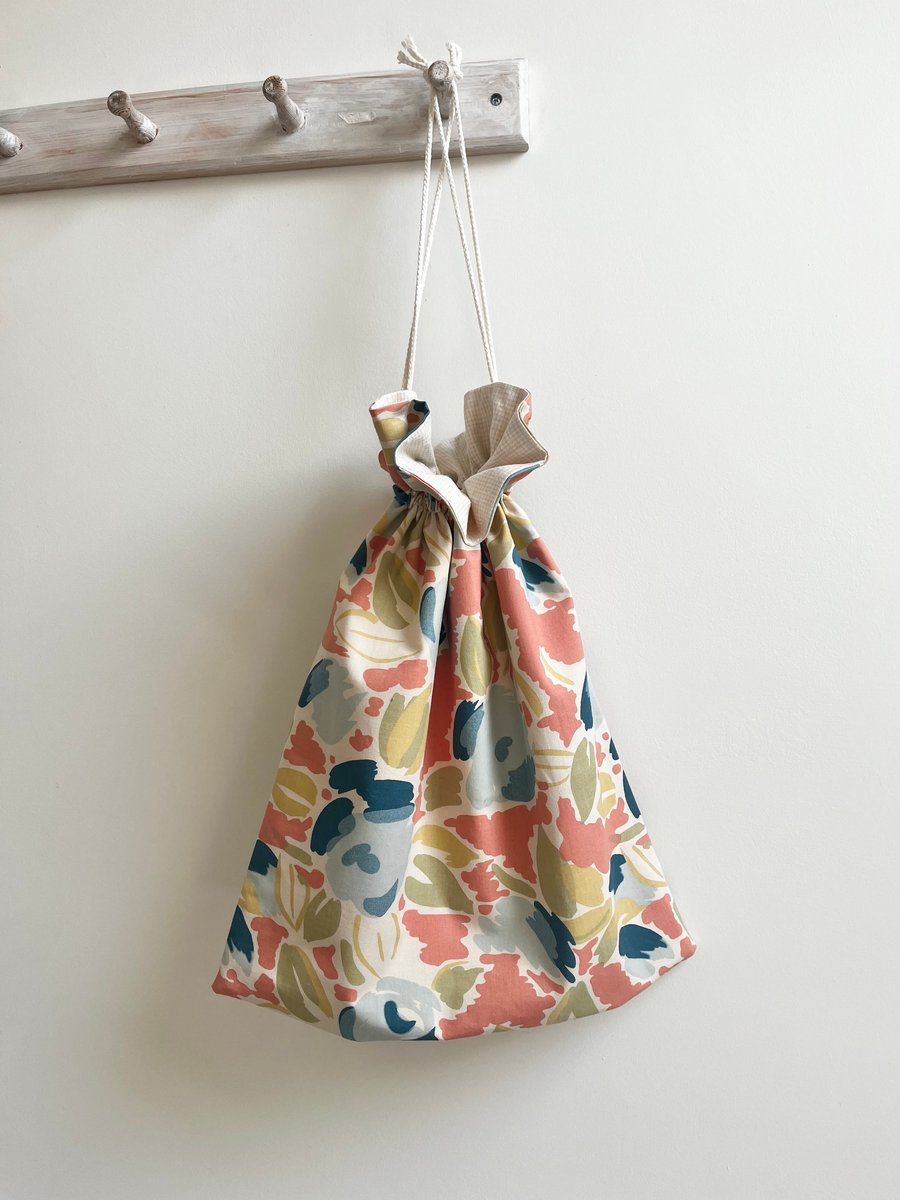 Drawstring bag - vintage 1980s Laura Ashley cotton with checked cotton lining