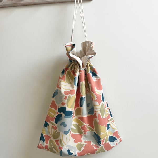Drawstring bag - vintage 1980s Laura Ashley cotton with checked cotton lining