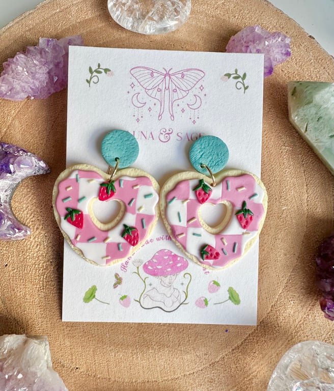 Handmade Cute Strawberry Heart Iced Biscuit doughnut Polymer Clay Earrings