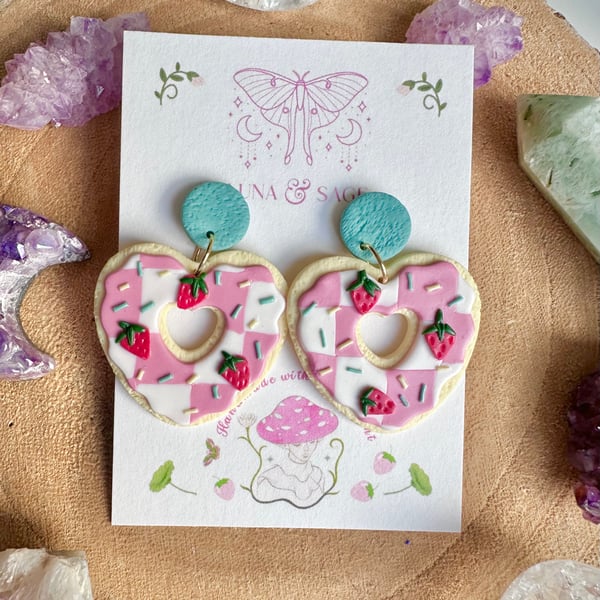 Handmade Cute Strawberry Heart Iced Biscuit doughnut Polymer Clay Earrings
