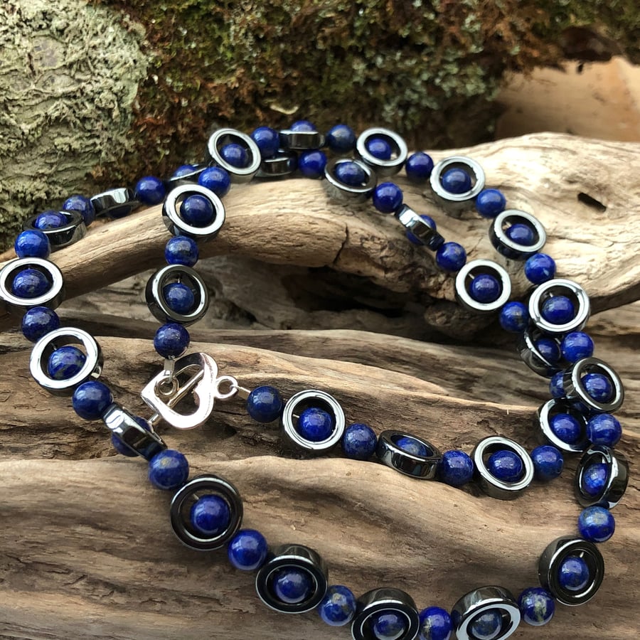 10mm hematite and 6mm lapis lazuli bead necklace -00000146