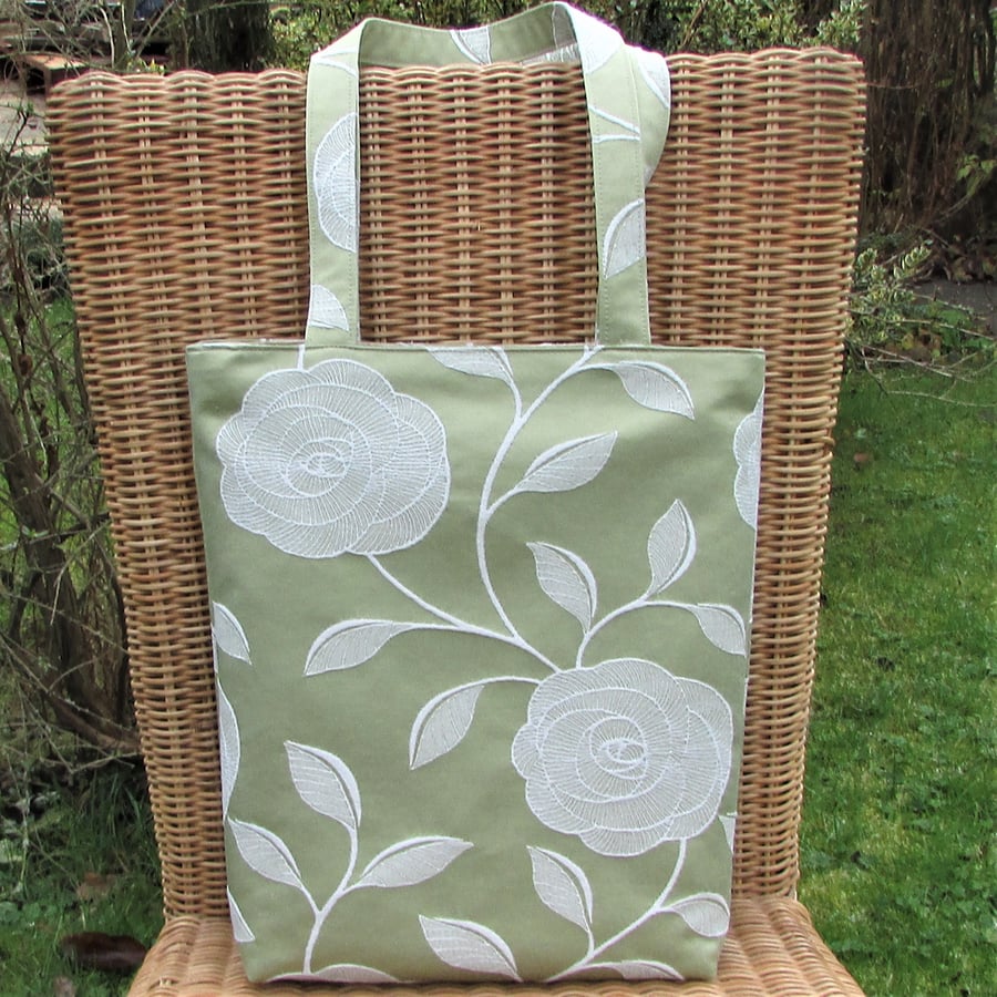 Floral tote bag, handbag - Pale green with white textured floral pattern