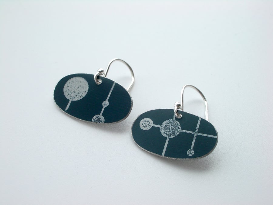 Black oval earrings with mid century print