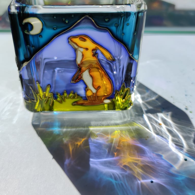 Candle holder, hand painted glass, highland hare moon gazing 