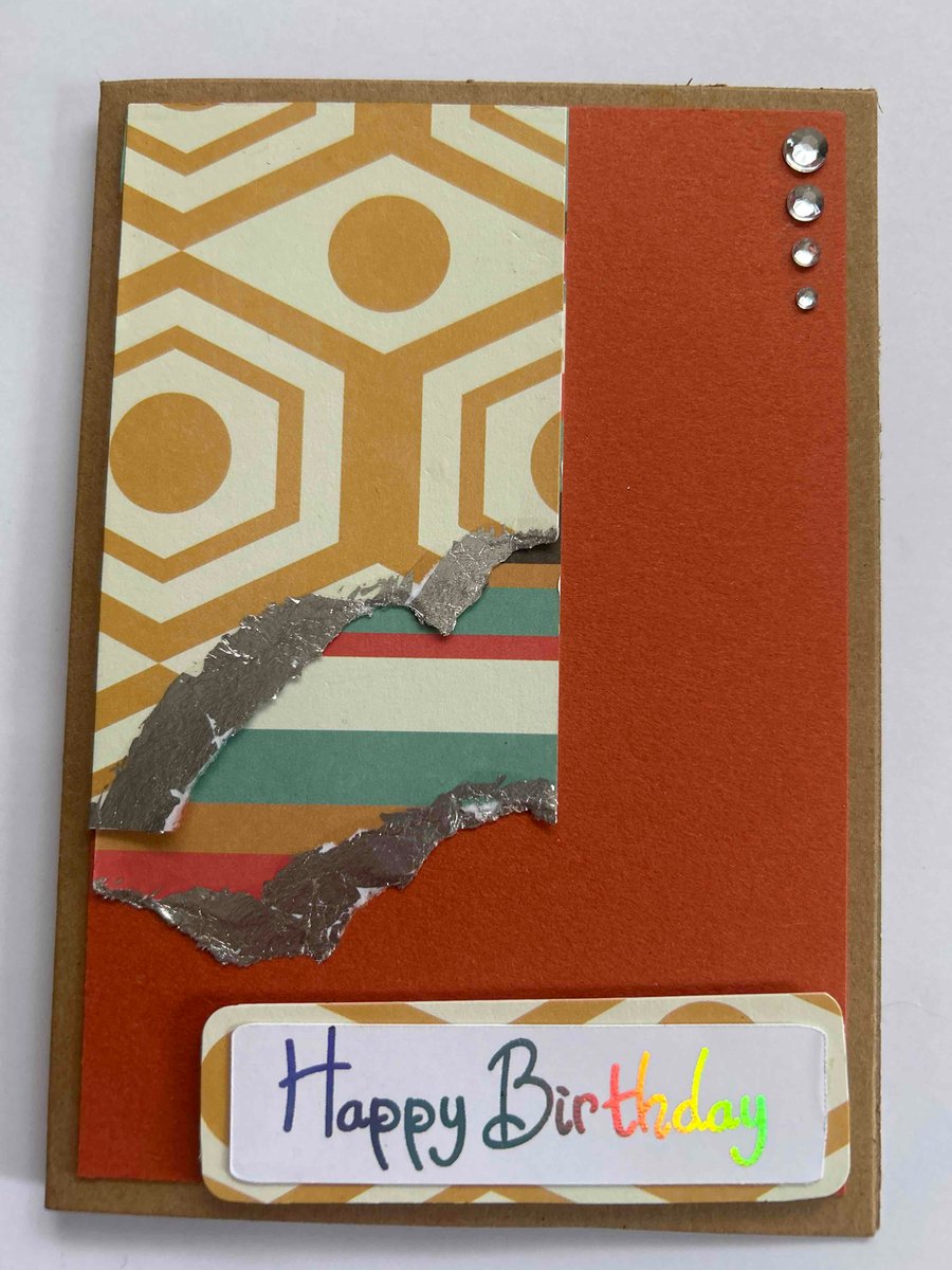 Handcrafted happy birthday retro silver leaf rhinestone Kraft card