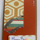 Handcrafted happy birthday retro silver leaf rhinestone Kraft card
