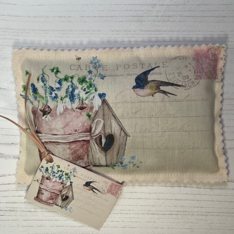 SALE - Vintage Postcard Lavender Sachet Flower Pot and Swallow PB2