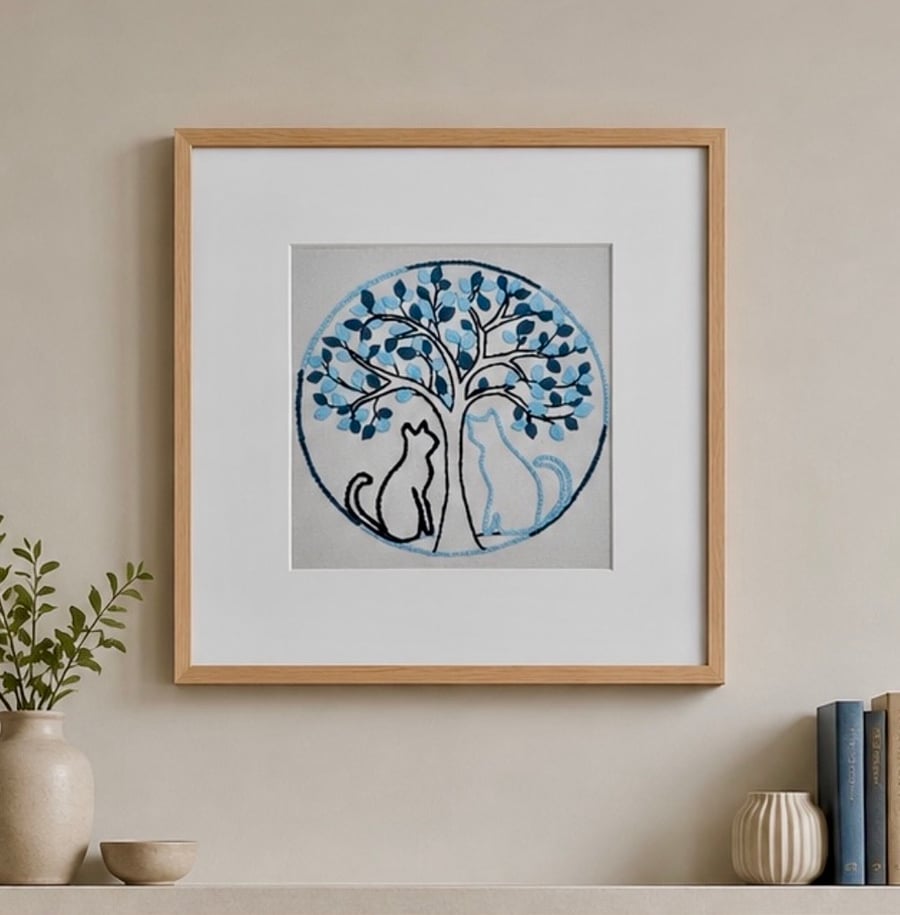 Large framed artwork of 2 embroidered cats and tree. Unique gift or home decor 