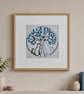 Large framed artwork of 2 embroidered cats and tree. Unique gift or home decor 