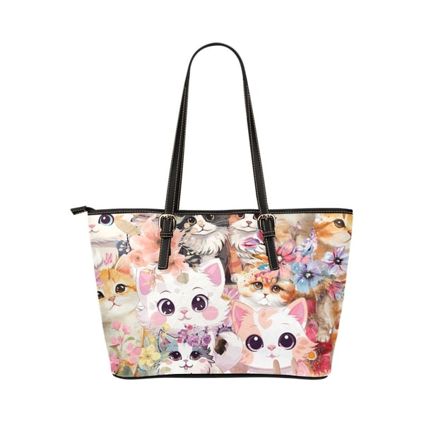 Anime Cat Kitty Friends PU Leather Tote Bag.