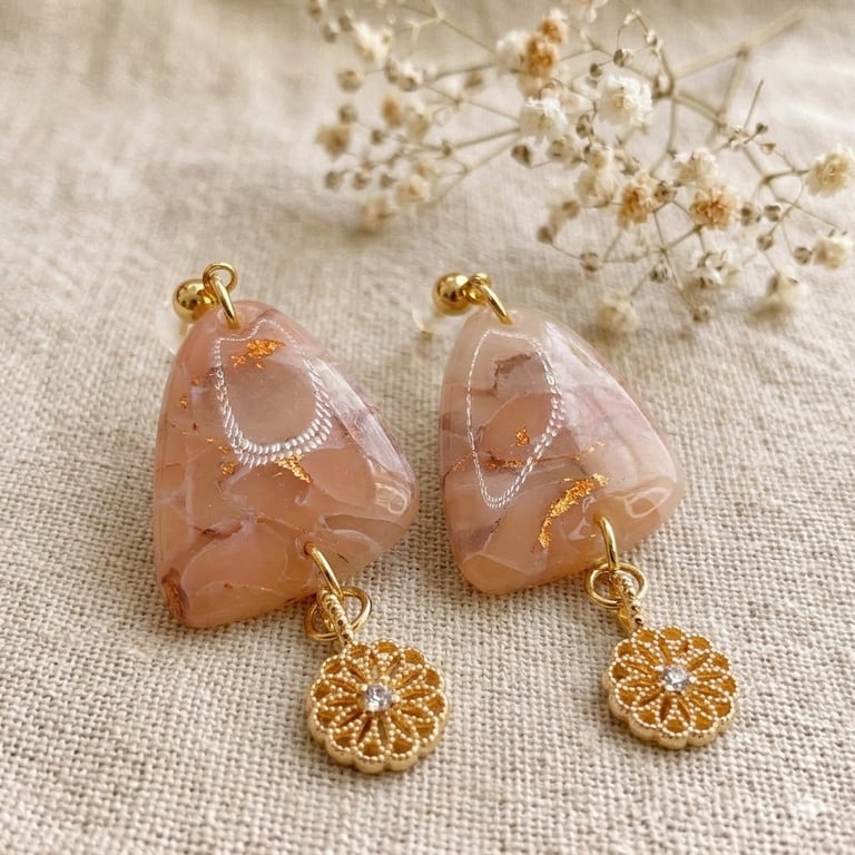 Beige gold dangle earrings, Elegant faux-stone polymer clay jewellery for gift
