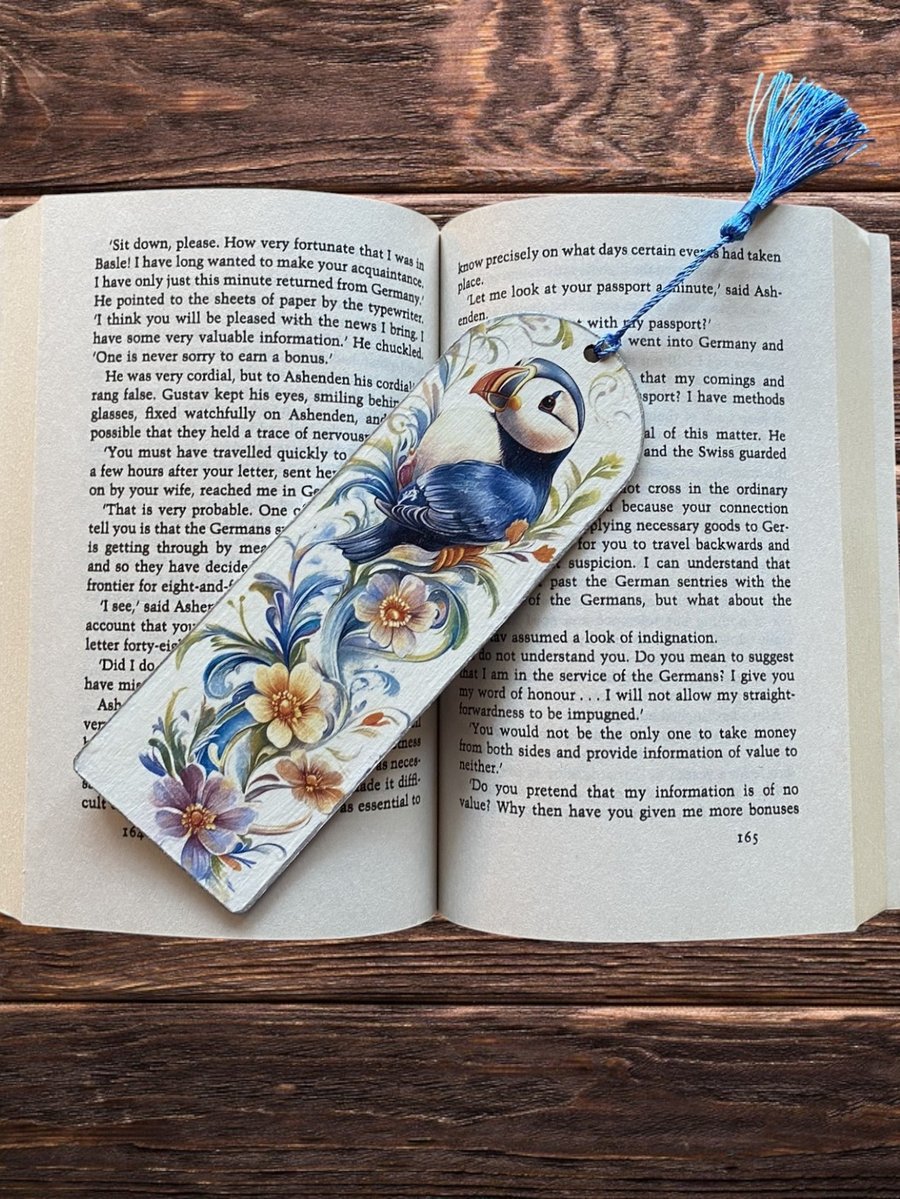 Bookmark, wooden decoupage bookmark, Puffin