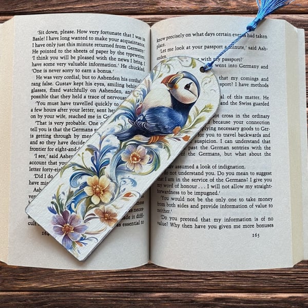 Bookmark, wooden decoupage bookmark, Puffin