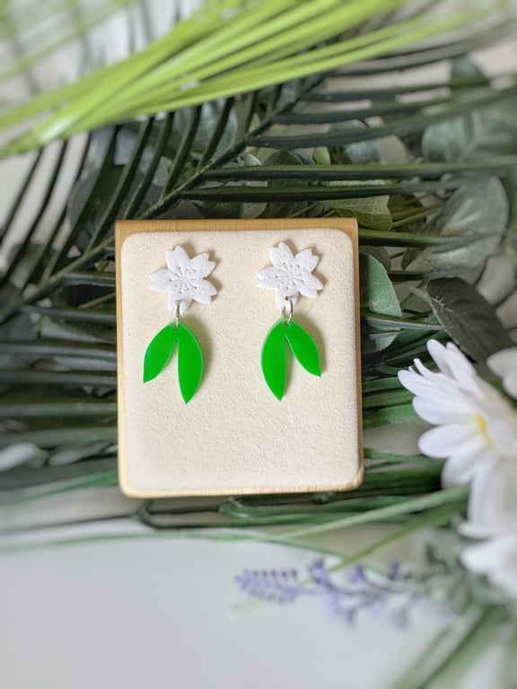 White Blossom and Green Leaf Earrings 