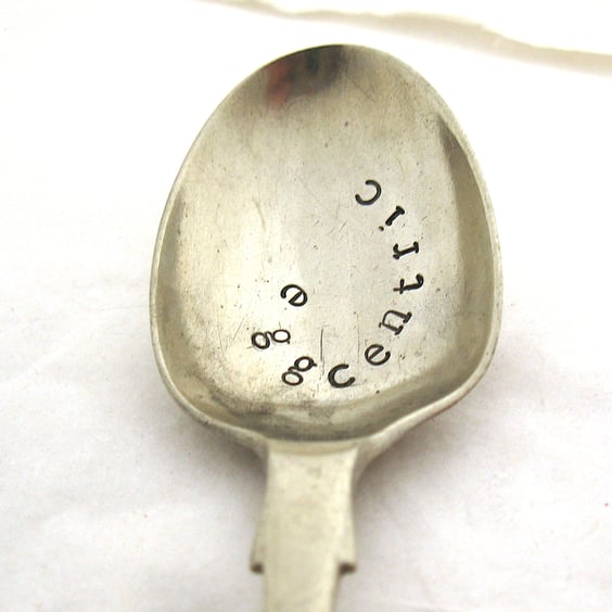 Egg spoon with terrible pun, eggcentric, handstamped Easter gift