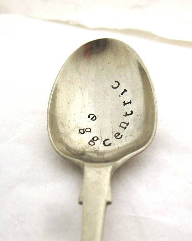 Egg spoon with terrible pun, eggcentric, handstamped Easter gift