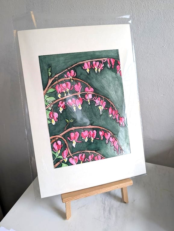 Original Bleeding Heart Watercolour, A5 Original Botanical Art with Mount